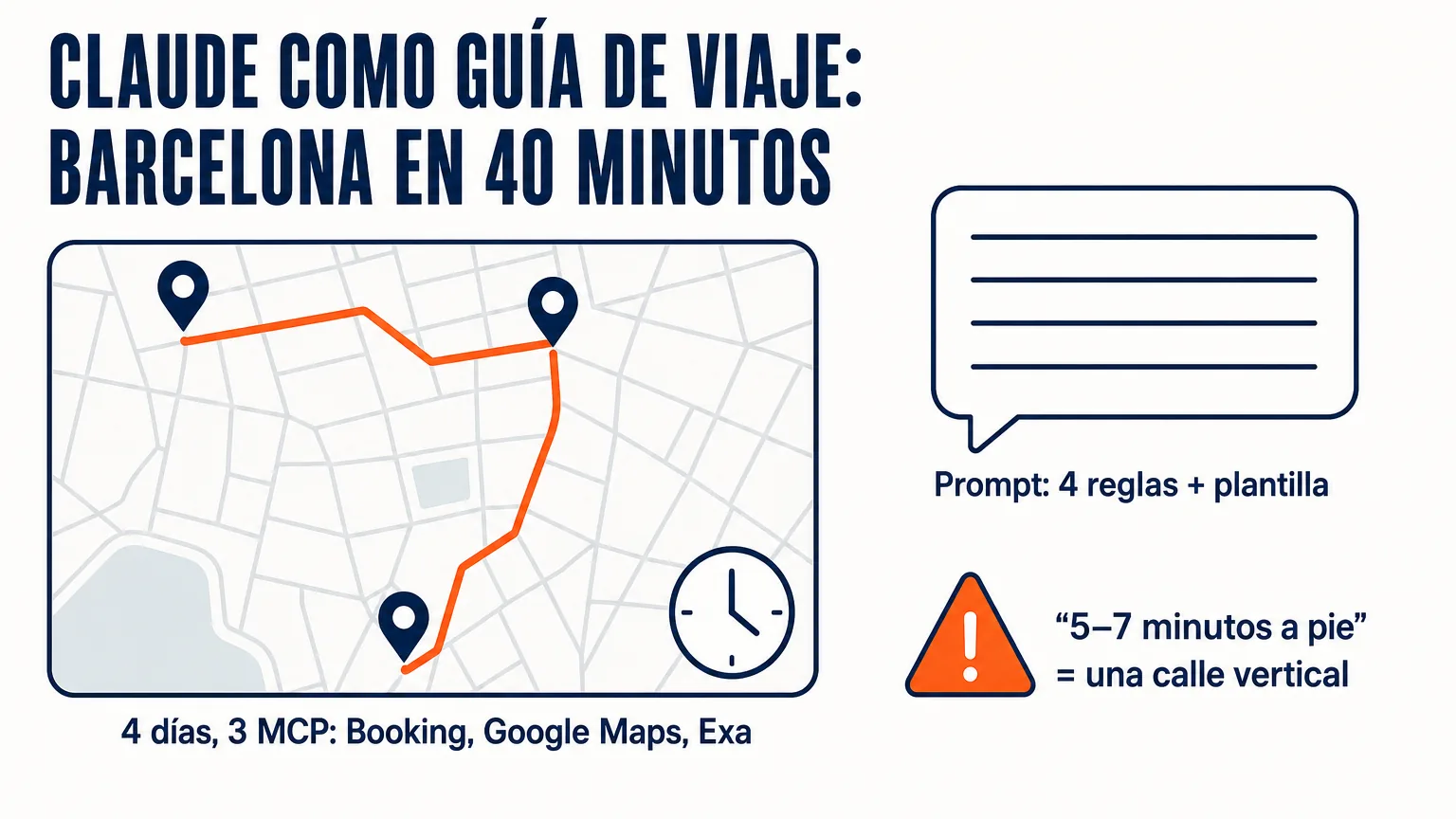 Una ruta de cuatro días por Barcelona planificada por Claude con tres MCP en 40 minutos, un prompt de cuatro reglas y una plantilla, y un aviso sobre los “5–7 minutos a pie” que resultaron ser una calle vertical