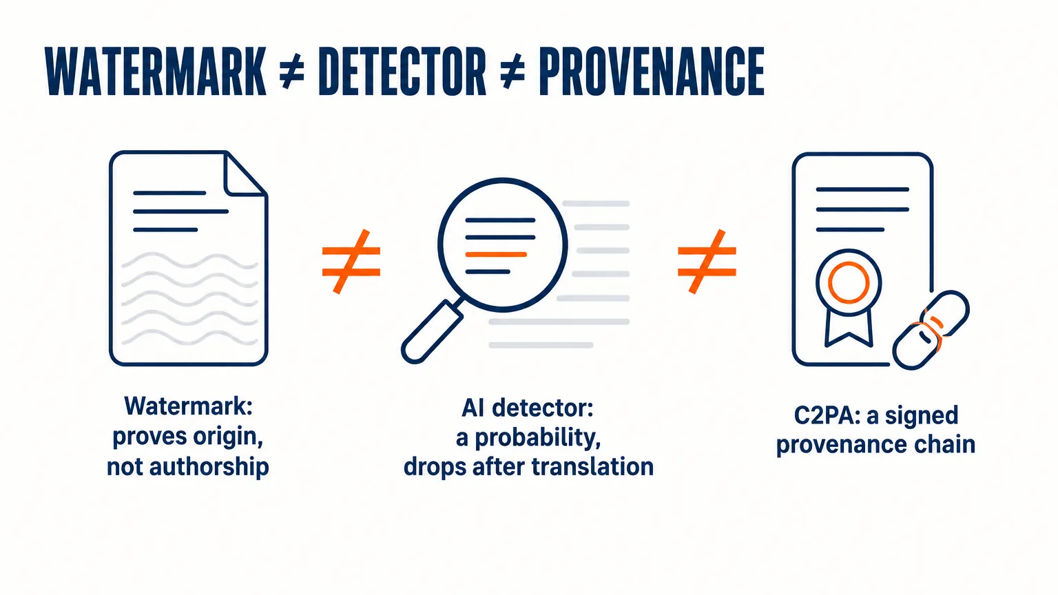 Three different mechanisms that get confused: a watermark proves origin, not authorship; an AI detector gives a probability and weakens after translation; C2PA is a signed provenance chain