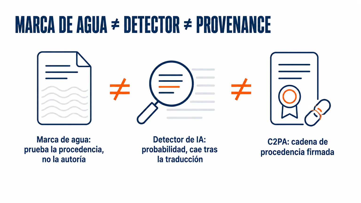 Tres mecanismos distintos que se confunden: la marca de agua prueba la procedencia, no la autoría; el detector de IA da una probabilidad y se debilita tras la traducción; C2PA es una cadena de procedencia firmada