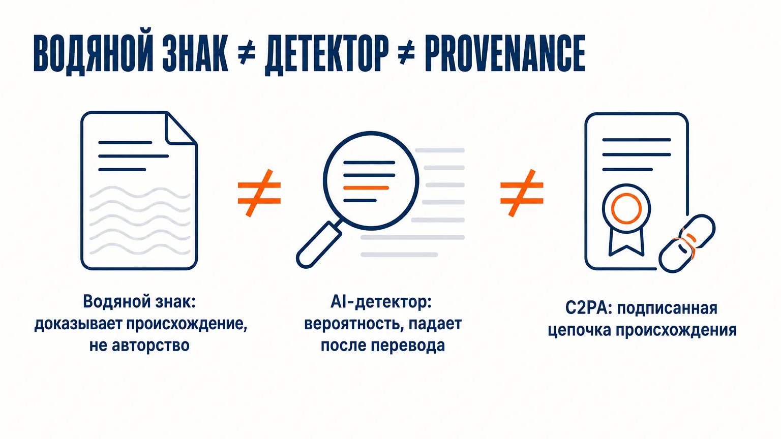 Три разных механизма, которые путают: водяной знак доказывает происхождение, а не авторство; AI-детектор даёт вероятность и слабеет после перевода; C2PA — подписанная цепочка происхождения