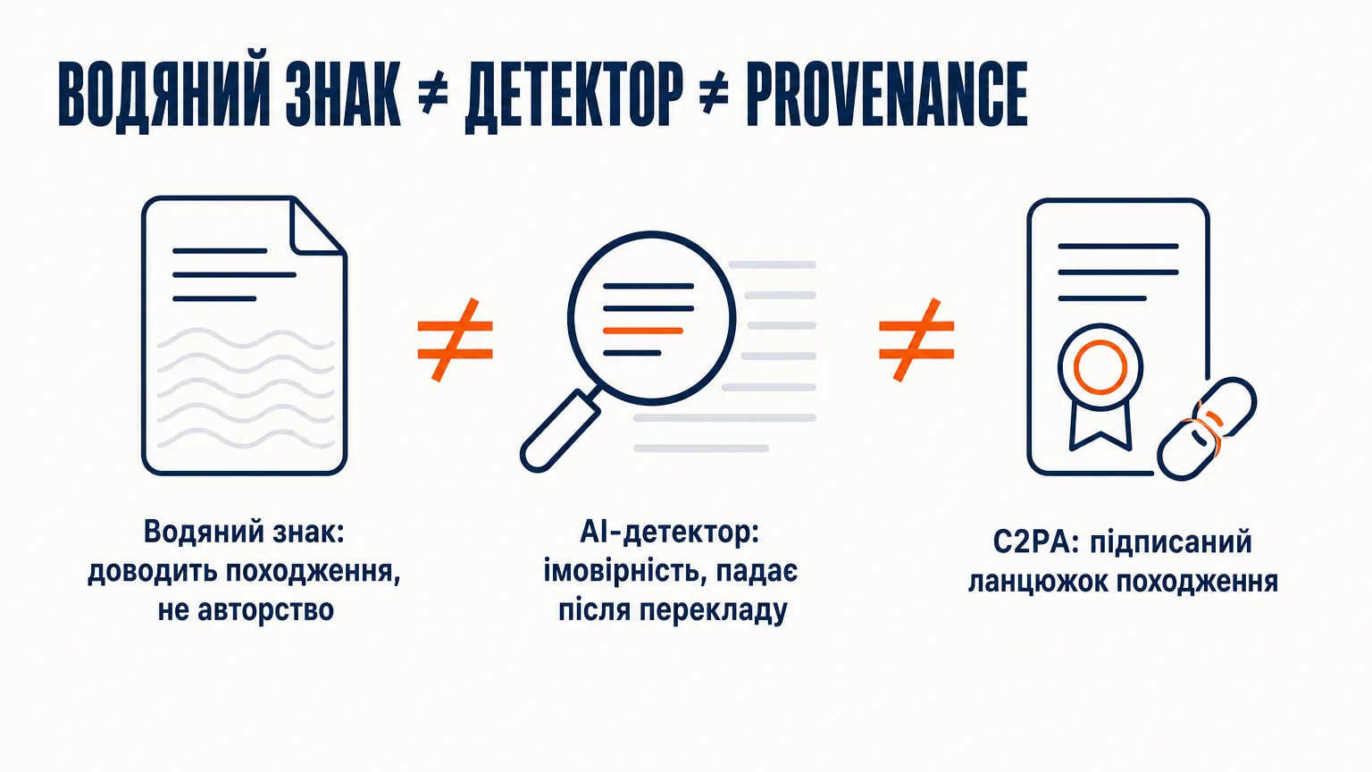 Три різні механізми, які плутають: водяний знак доводить походження, а не авторство; AI-детектор дає ймовірність і слабшає після перекладу; C2PA — підписаний ланцюжок походження